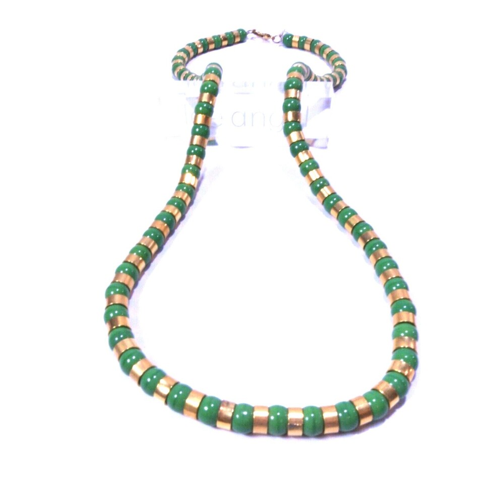 Lee Angel Women's Glass Bead Green Gold Bead Gold Spacer Long Necklace
